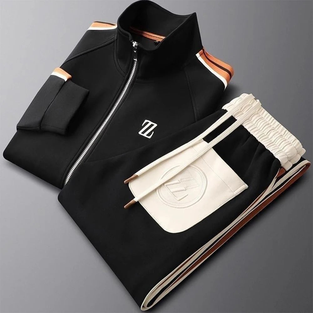 Elias | High Neck Zip Jacket with Leather-Trim Joggers