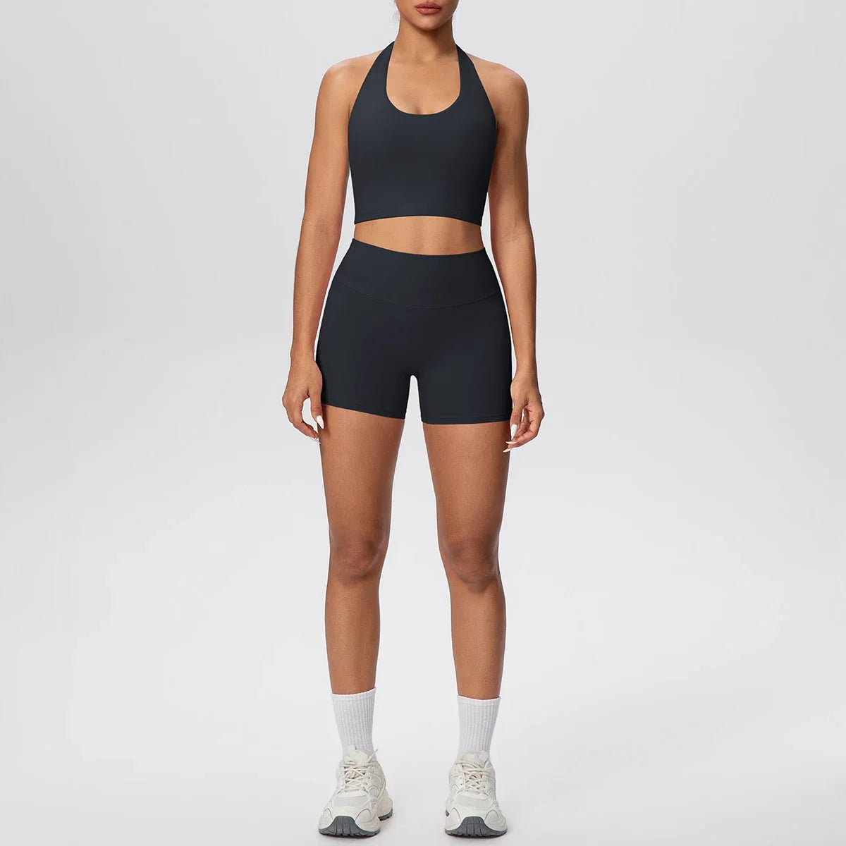 Stride 2-Piece Yoga Set – High-Waist Shorts & Backless Top