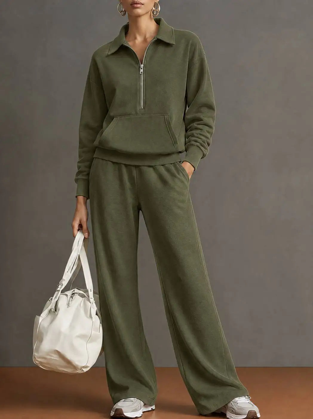 Women’s 2 Piece Half-Zip Activewear Set – High-Waist Wide Leg Trousers