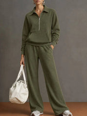 Women’s 2 Piece Half-Zip Activewear Set – High-Waist Wide Leg Trousers