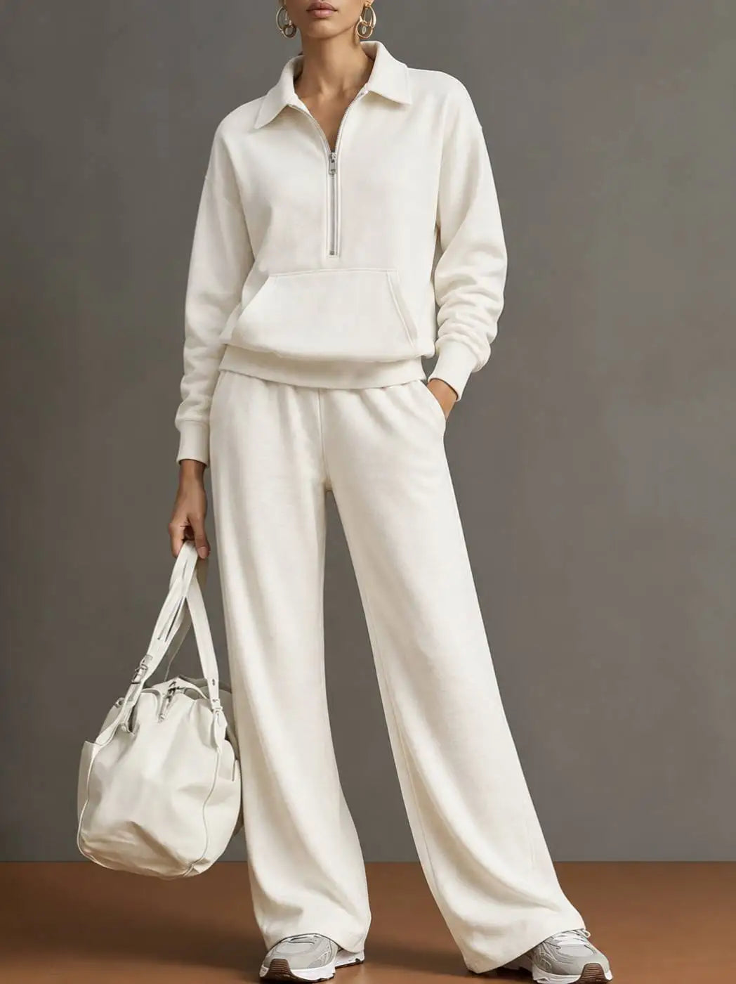 Women’s 2 Piece Half-Zip Activewear Set – High-Waist Wide Leg Trousers