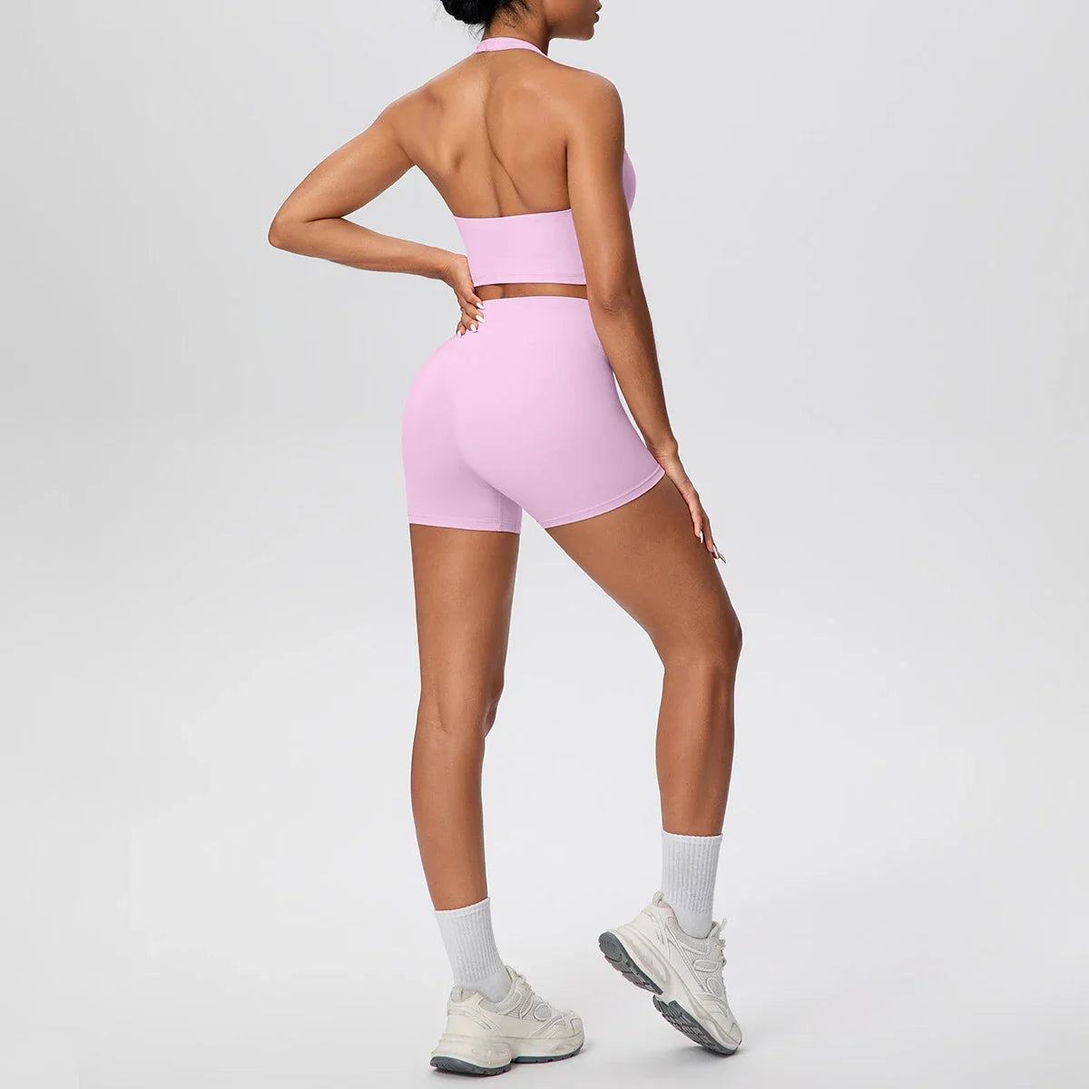 Stride 2-Piece Yoga Set – High-Waist Shorts & Backless Top