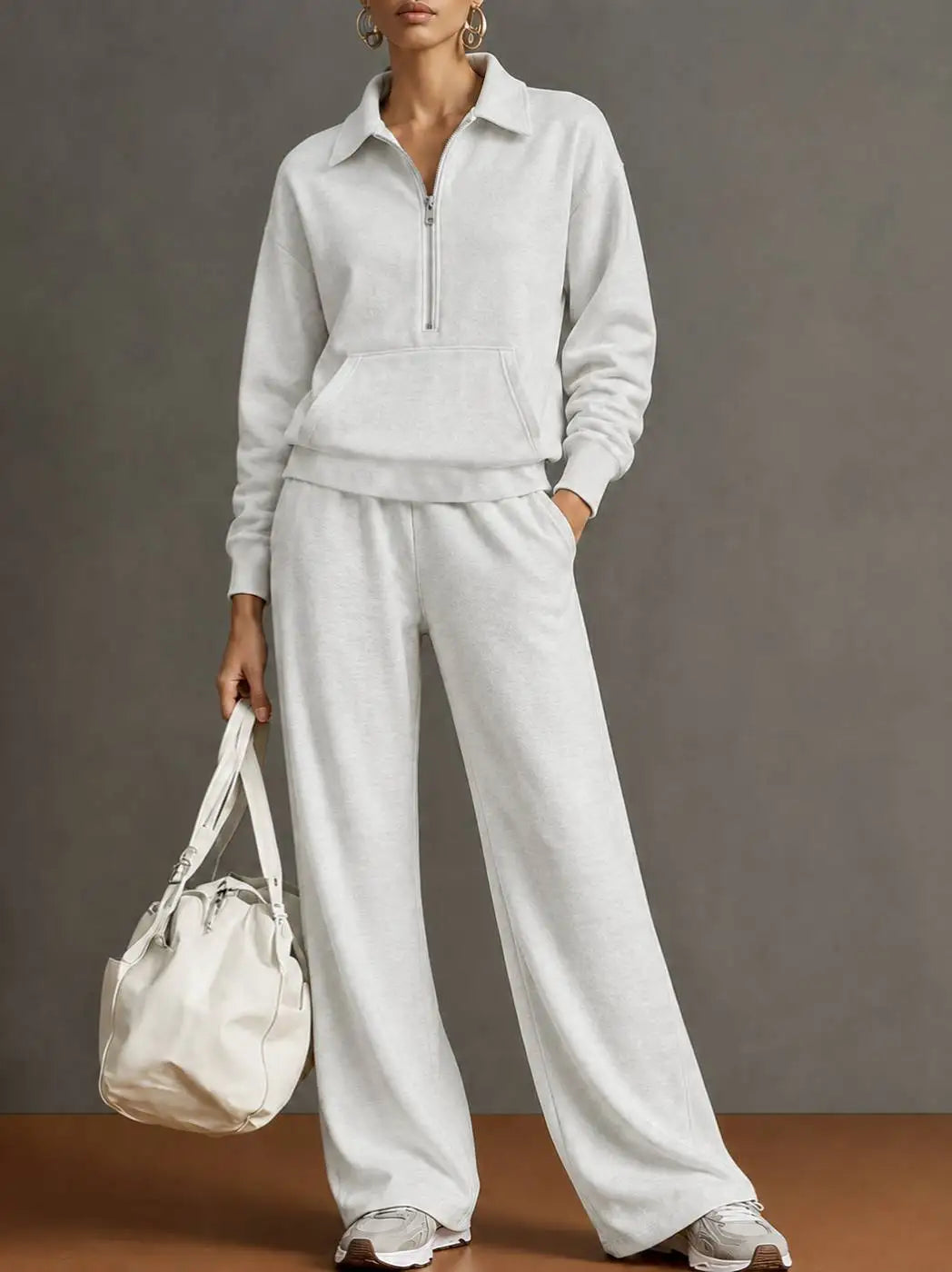 Women’s 2 Piece Half-Zip Activewear Set – High-Waist Wide Leg Trousers