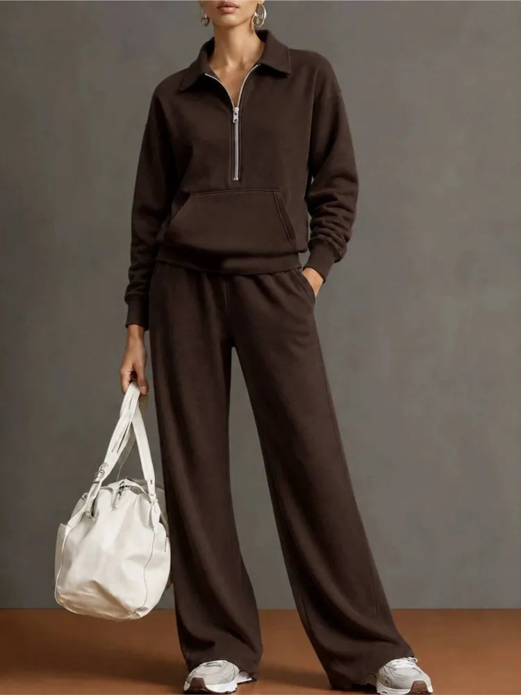 Women’s 2 Piece Half-Zip Activewear Set – High-Waist Wide Leg Trousers