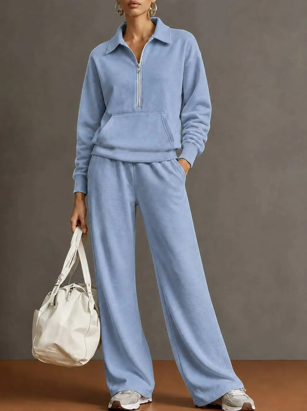 Women’s 2 Piece Half-Zip Activewear Set – High-Waist Wide Leg Trousers