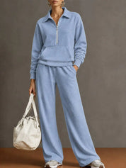 Women’s 2 Piece Half-Zip Activewear Set – High-Waist Wide Leg Trousers