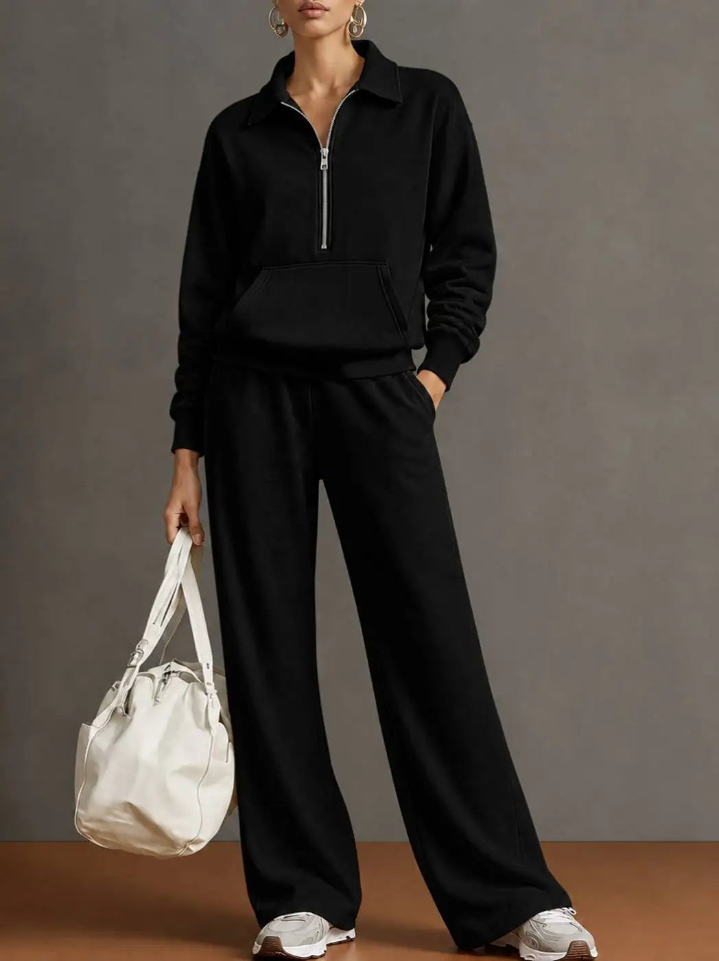 Women’s 2 Piece Half-Zip Activewear Set – High-Waist Wide Leg Trousers