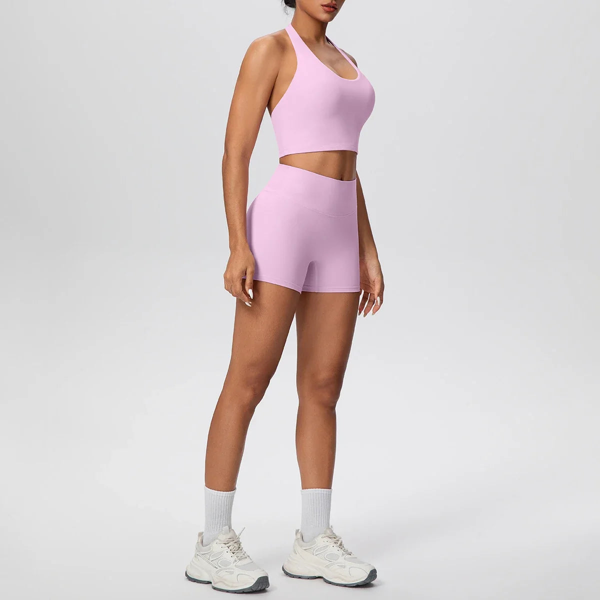 Stride 2-Piece Yoga Set – High-Waist Shorts & Backless Top