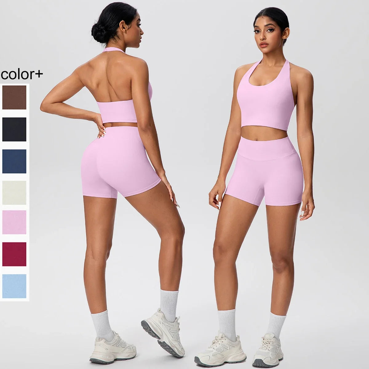 Stride 2-Piece Yoga Set – High-Waist Shorts & Backless Top