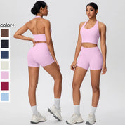 Stride 2-Piece Yoga Set – High-Waist Shorts & Backless Top