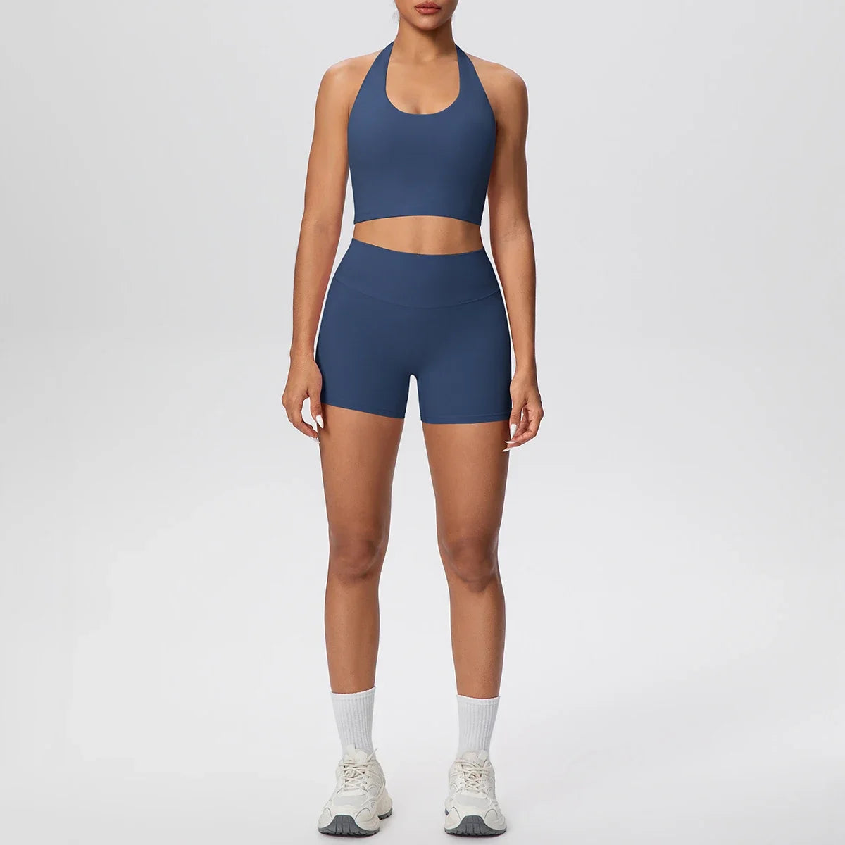 Stride 2-Piece Yoga Set – High-Waist Shorts & Backless Top