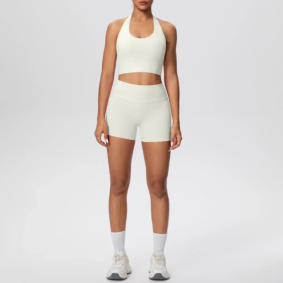 Stride 2-Piece Yoga Set – High-Waist Shorts & Backless Top