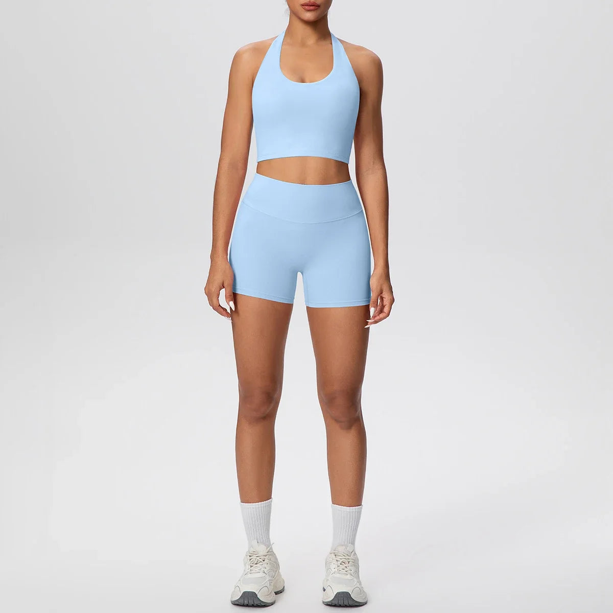 Stride 2-Piece Yoga Set – High-Waist Shorts & Backless Top