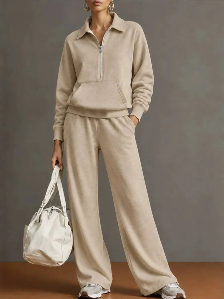 Women’s 2 Piece Half-Zip Activewear Set – High-Waist Wide Leg Trousers
