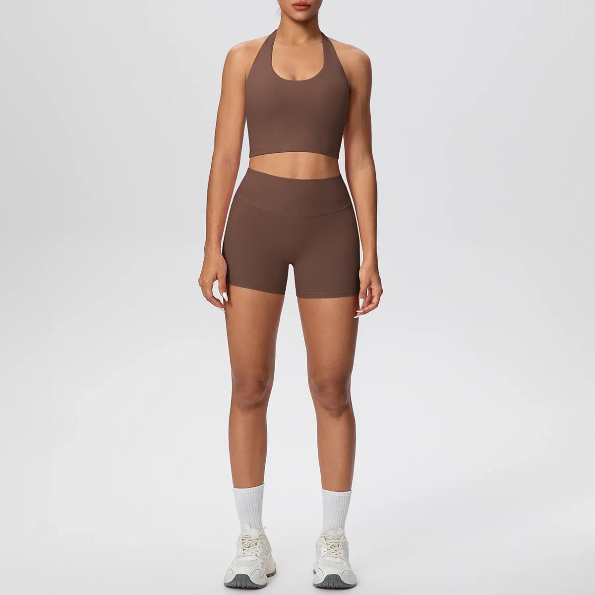 Stride 2-Piece Yoga Set – High-Waist Shorts & Backless Top
