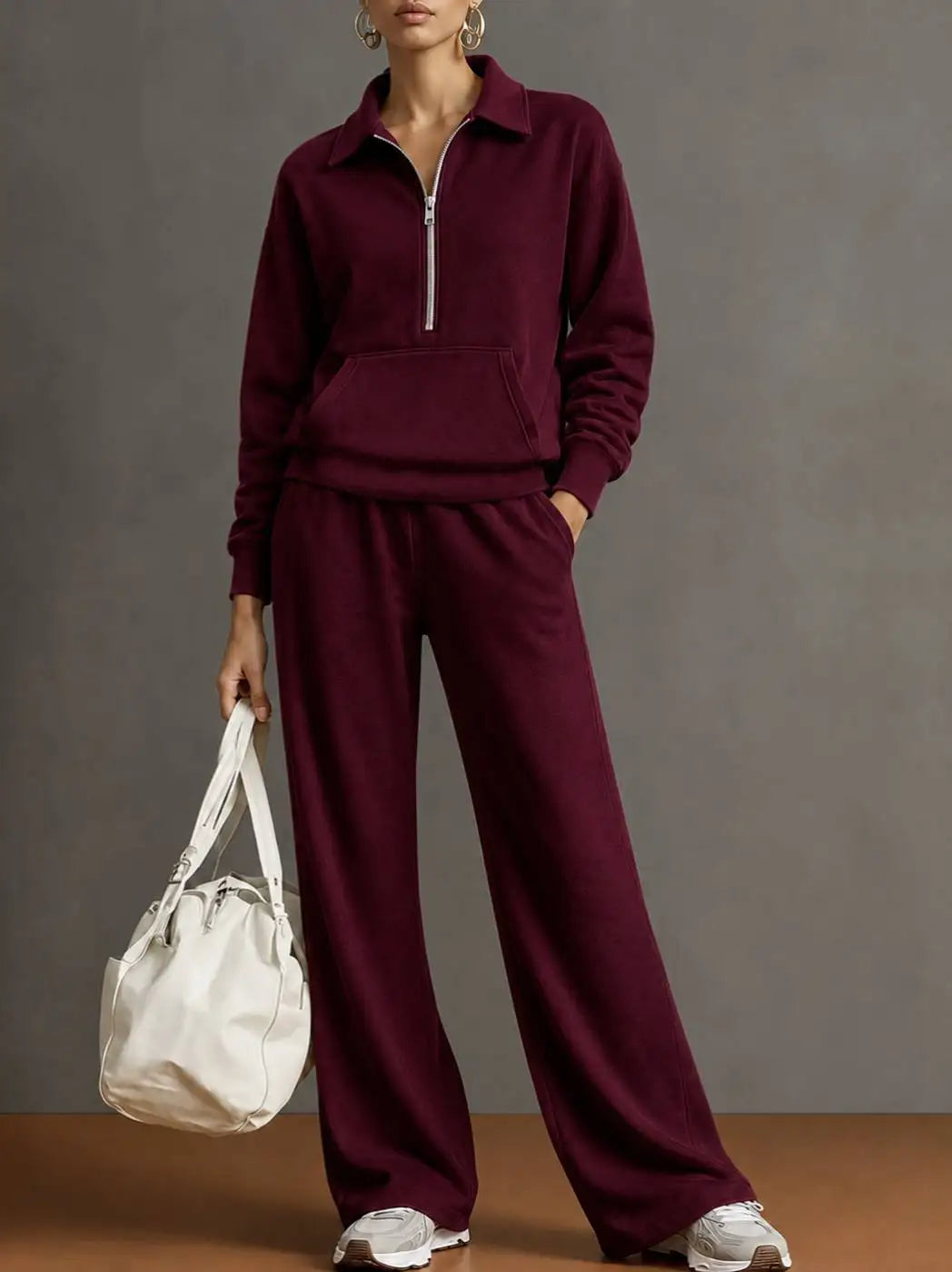 Women’s 2 Piece Half-Zip Activewear Set – High-Waist Wide Leg Trousers