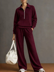 Women’s 2 Piece Half-Zip Activewear Set – High-Waist Wide Leg Trousers