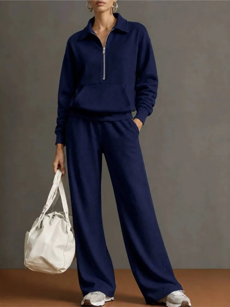 Women’s 2 Piece Half-Zip Activewear Set – High-Waist Wide Leg Trousers