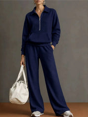 Women’s 2 Piece Half-Zip Activewear Set – High-Waist Wide Leg Trousers