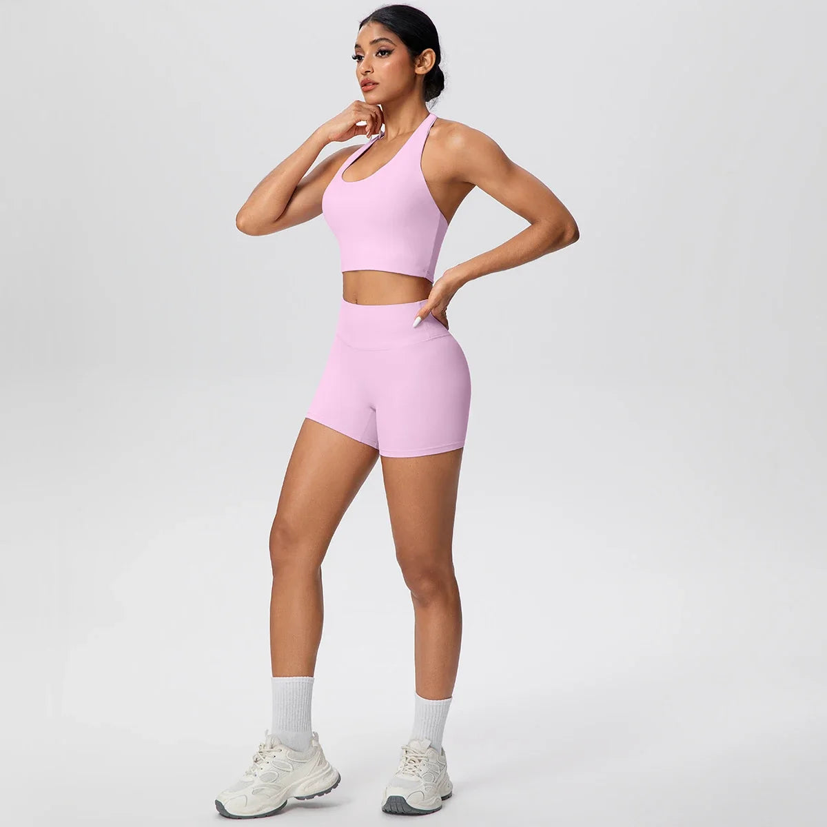 Stride 2-Piece Yoga Set – High-Waist Shorts & Backless Top