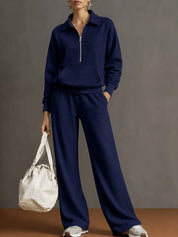 Women’s 2 Piece Half-Zip Activewear Set – High-Waist Wide Leg Trousers