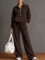 Women’s 2 Piece Half-Zip Activewear Set – High-Waist Wide Leg Trousers
