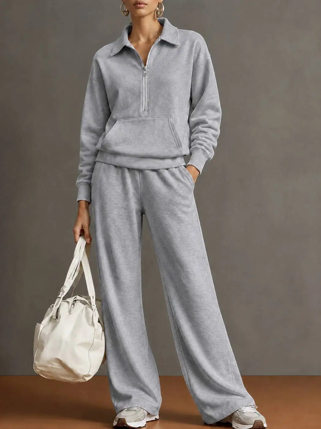 Women’s 2 Piece Half-Zip Activewear Set – High-Waist Wide Leg Trousers
