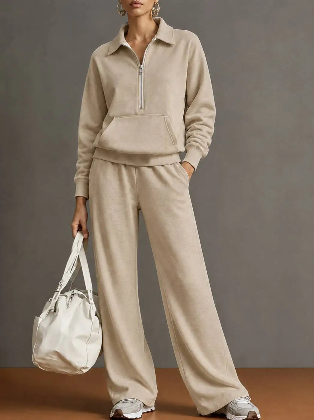 Women’s 2 Piece Half-Zip Activewear Set – High-Waist Wide Leg Trousers