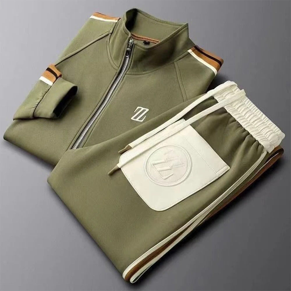 Elias | High Neck Zip Jacket with Leather-Trim Joggers